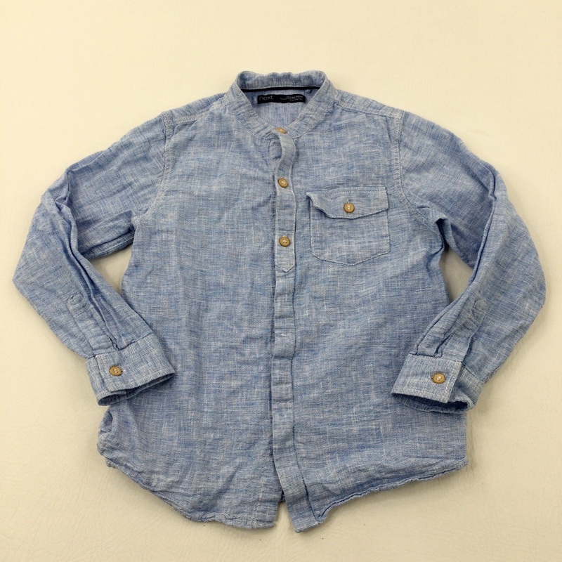 Mottled Blue Linen/Cotton Mix Long Sleeve Collarless Shirt - Boys 5-6 Years