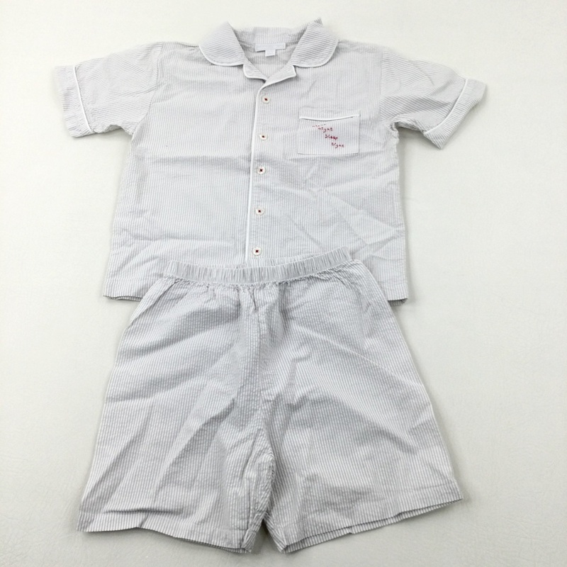 'Night Night Sleep Tight' Grey & White Striped Organic Cotton Short Pyjamas - Boys/Girls 5-6 Years
