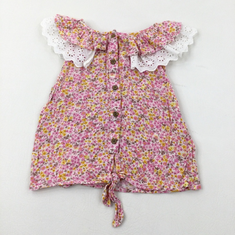 Pink & Yellow Flowers Tie Front Blouse With Lace Detail - Girls 5-6 Years