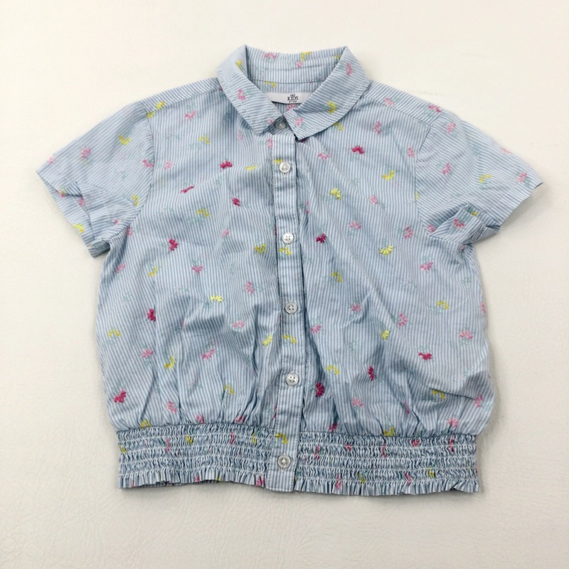 Flowers Blue Striped Cotton Short Sleeve Shirt - Girls 6-7 Years