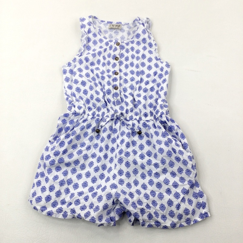 Patterned Blue & White Lined Cotton Playsuit - Girls 6-7 Years