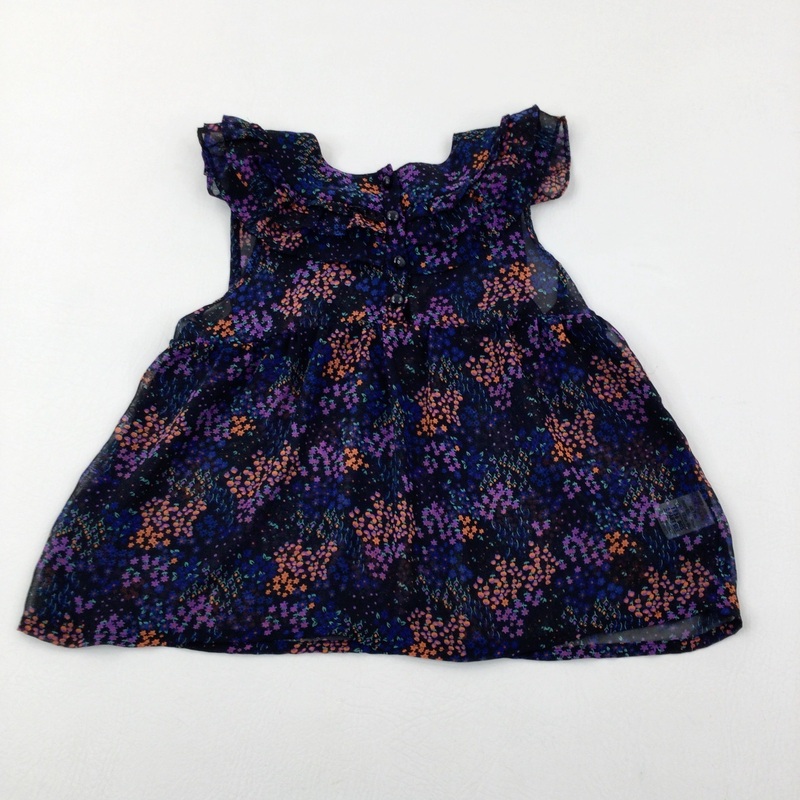 Purple, Blue & Orange Flowers Black Sheer Blouse - Girls 6-7 Years