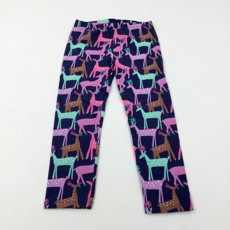 Reindeer Colourful Navy Leggings - Girls 6-7 Years