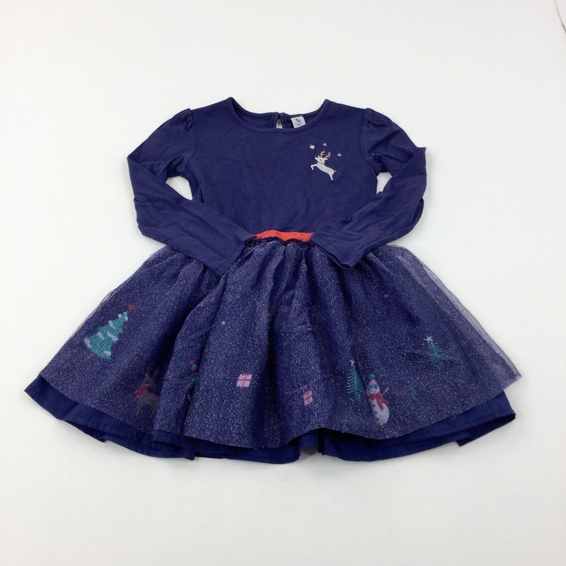 Reindeer Embroidered Sparkly Navy Net Party Dress - Girls 4-5 Years