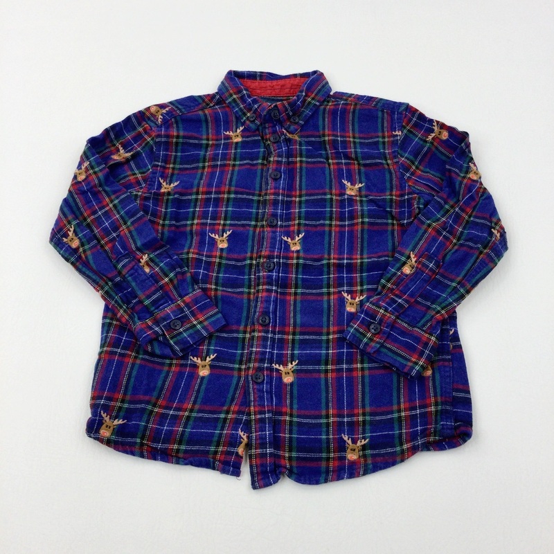 Reindeer Navy Checked Long Sleeve Shirt - Boys 4-5 Years