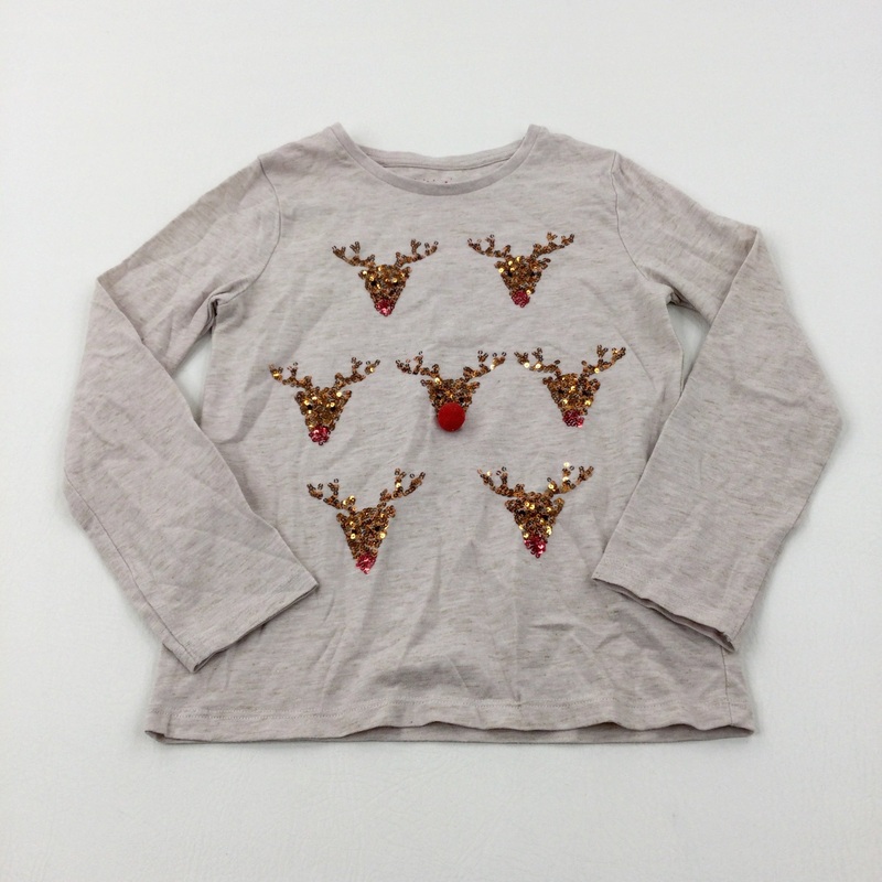 Reindeer Sequinned Mottled Beige Long Sleeve Top - Girls 7-8 Years