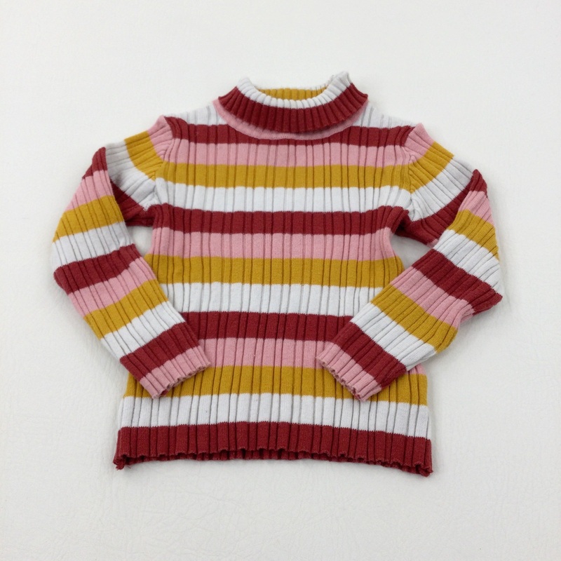 Textured Mustard Yellow & Pink Striped Roll Neck Knitted Jumper - Girls 2-3 Years