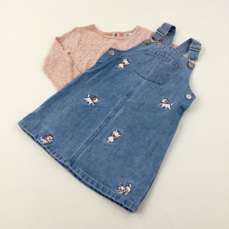 The Aristocats Embroidered Light Blue Denim Dungaree Dress & Mottled Peach Long Sleeve Top - Girls 4-5 Years