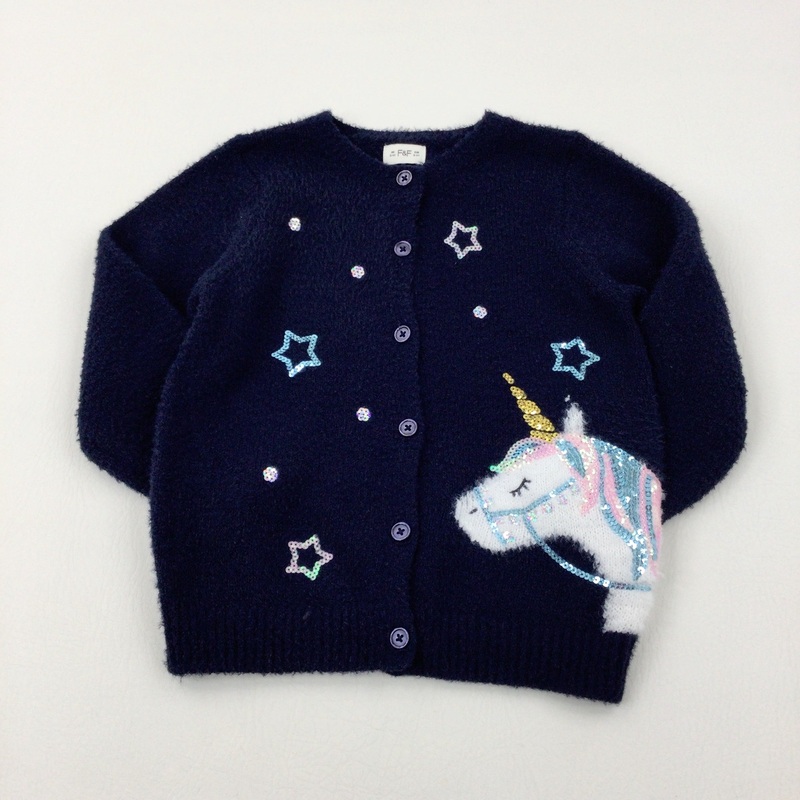 Unicorn & Stars Sequinned Navy Knitted Cardigan - Girls 3-4 Years