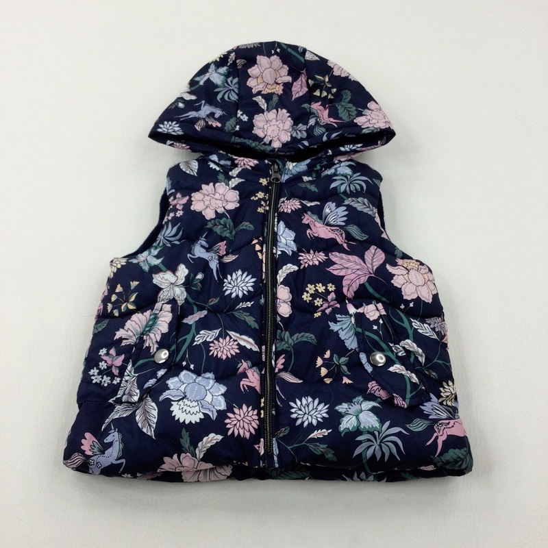 Unicorns & Flowers Navy Padded Hooded Gilet - Girls 2-3 Years