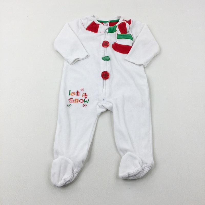 'Let It Snow' Snowman Appliqued White Velour Babygrow - Boys/Girls 6-9 Months