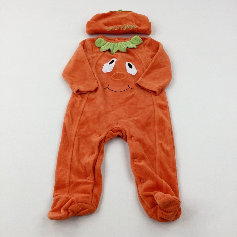'Little Pumpkin' Appliqued Orange Velour Babygrow & Winter Hat Set - Boys/Girls 6-9 Months