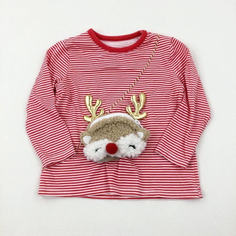 Reindeer Purse Embroidered Red Striped Long Sleeve Top - Girls 12-18 Months