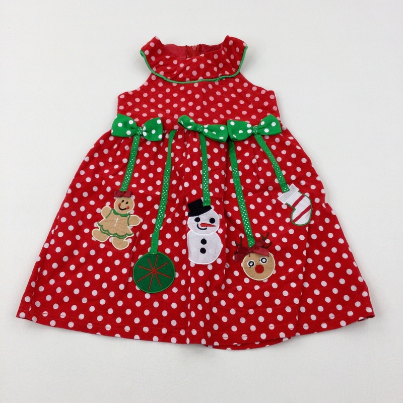 Snowman & Christmas Stocking Appliqued Spotty Red Cord Dress - Girls 2-3 Years