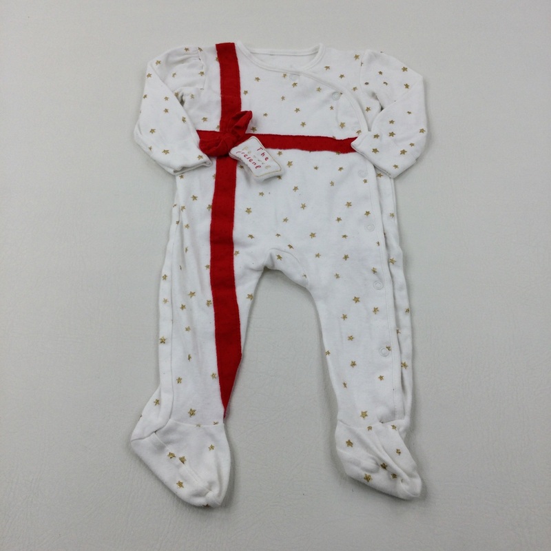 'The Perfect Present' Stars & Bow Glittery White Babygrow - Girls 6-9 Months