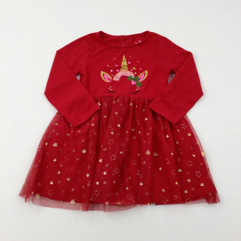 Unicorn & Stars Glittery Red Party Dress - Girls 4-5 Years