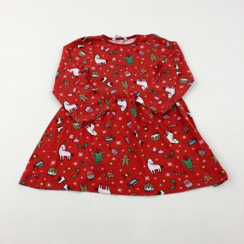 Unicorns & Christmas Puddings Red Jersey Dress - Girls 4-5 Years