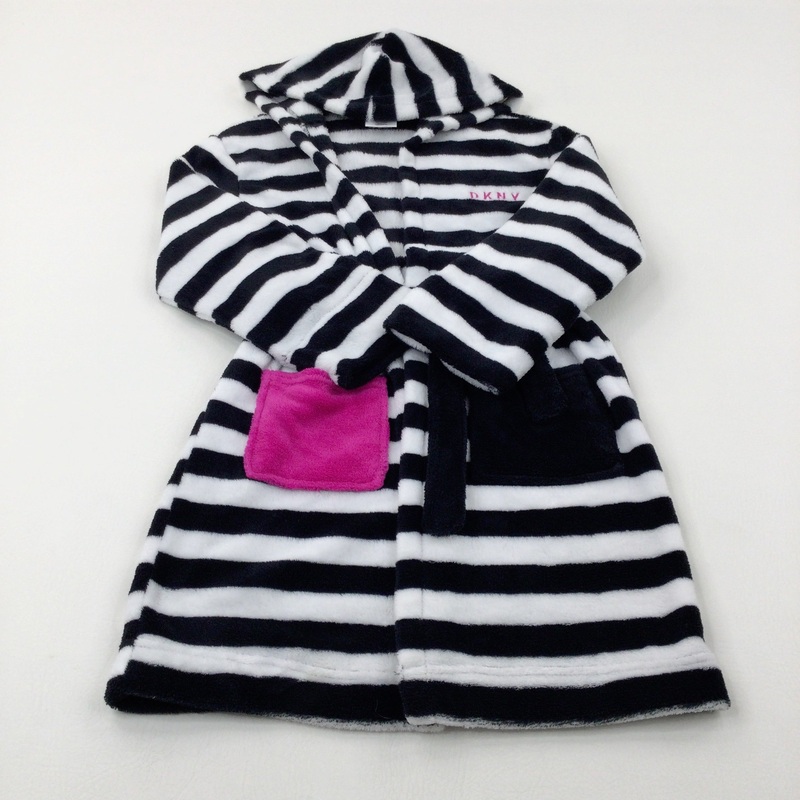 'DKNY' Black & White Striped Fluffy Dressing Gown - Girls 8-9 Years