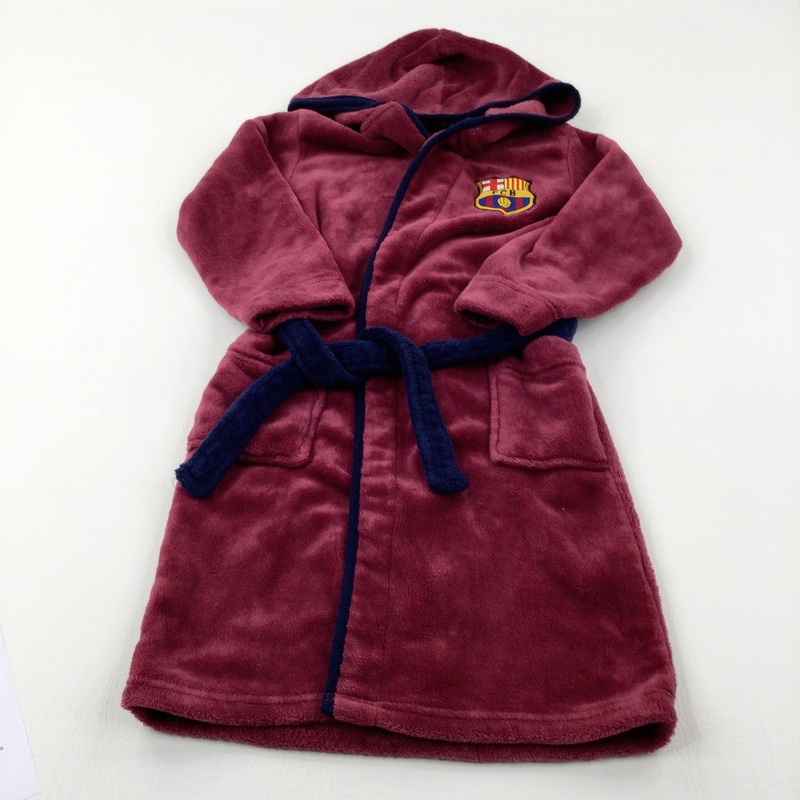 'FCB' Appliqued Motif Barcelona Football Club Burgundy Fleece Dressing Gown - Boys 7-8 Years