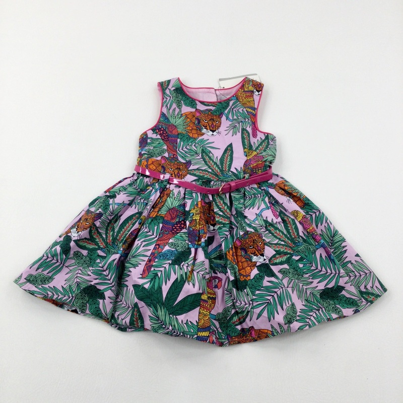 **NEW** Tropical Animals & Leaves Pink & Green Dress With Belt - Girls 2-3 Years