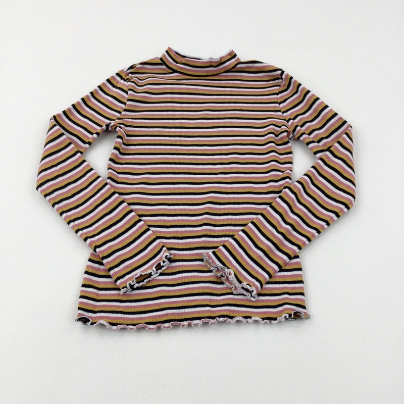 Textured Black & Mustard Yellow Striped Long Sleeve Top - Girls 8-9 Years
