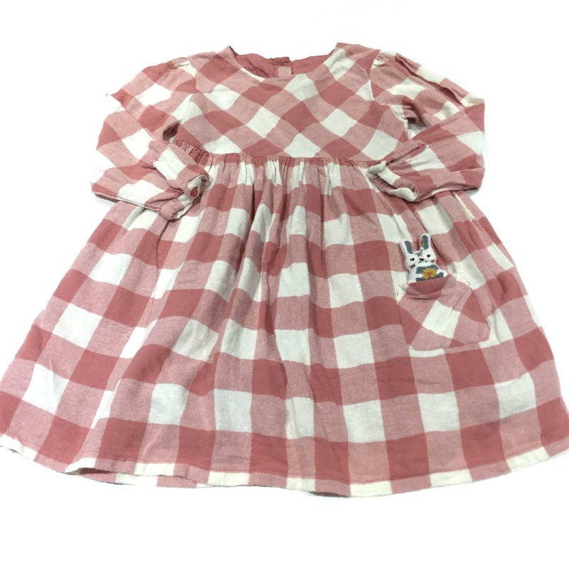 3D Rabbit Pocket Dusky Pink & Cream Checked Brushed Cotton Lined Dress - Girls 5-6 Years