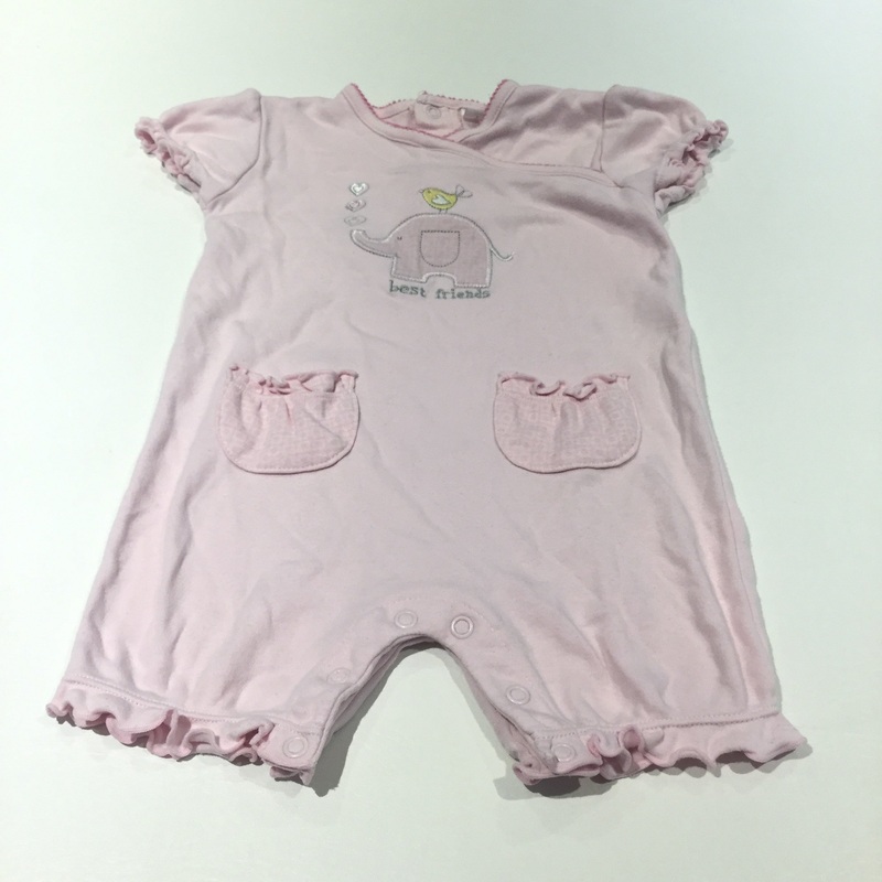 'Best Friends'' Elephant & Bird Appliqued & Embroidered Pink Jersey Romper  - Girls 6-9 Months