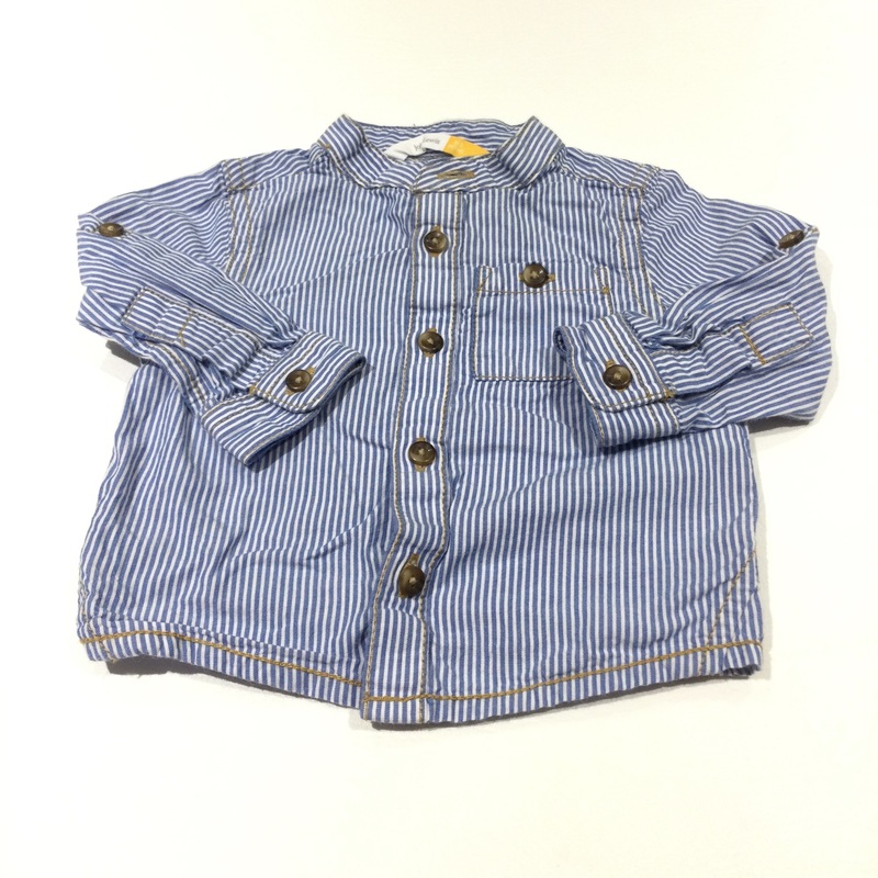 Blue & White Striped Long Sleeve Collarless Shirt - Boys 0-3 Months