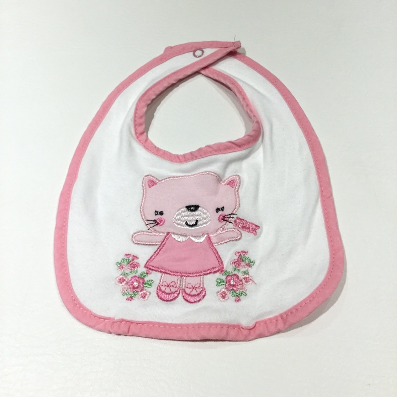Cat Appliqued Pink & White Bib - Girls Newborn