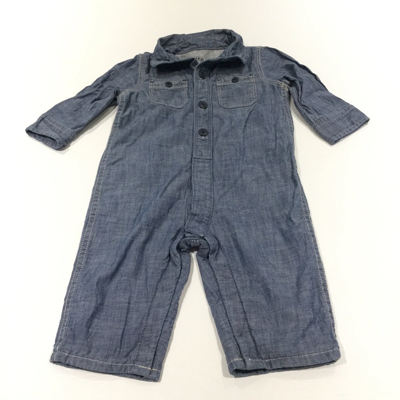 Denim Effect Cotton Lined Shirt Style Long Sleeve Romper - Boys 3-6 Months