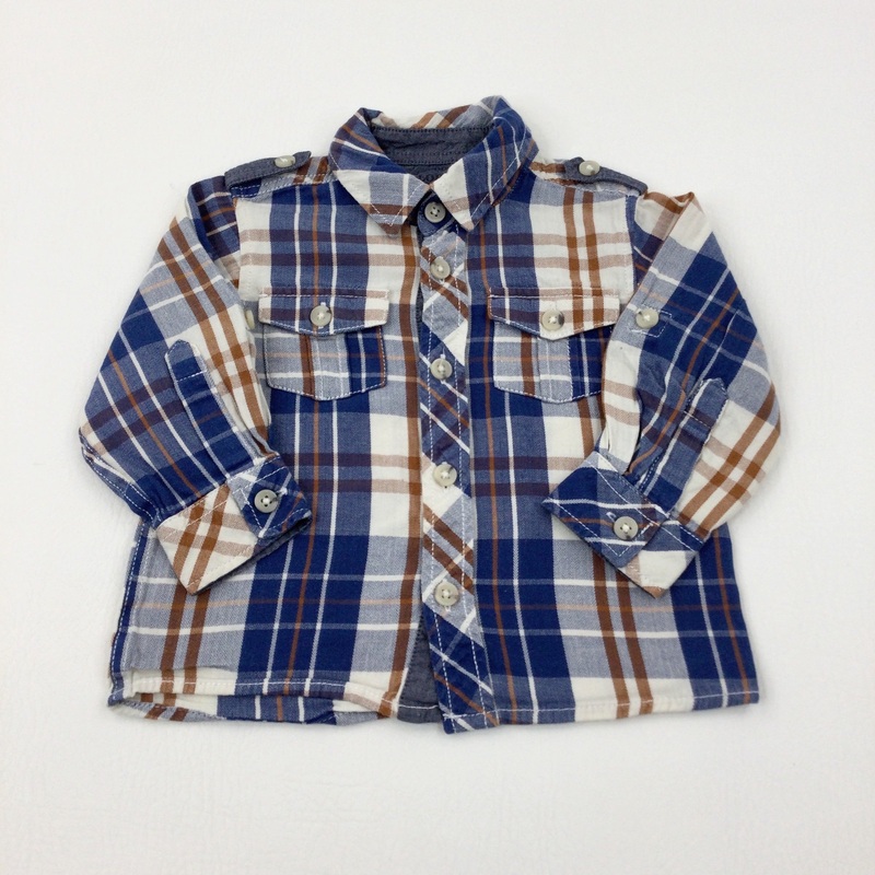 Navy & Tan Checked Long Sleeve Shirt - Boys 6-9 Months