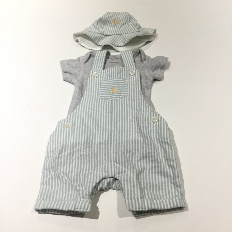 Sailing Boat Embroidered Blue & White Cotton Short Dungarees, Grey Short Sleeve Bodysuit & Matching Sun Hat - Boys Newborn - Up To 1 Month