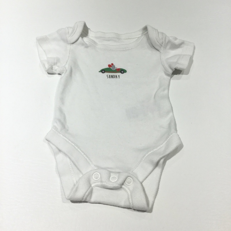 'Sunday' Elephant & Racing Car White Short Sleeve Bodysuit - Boys Newborn - Up To 1 Month