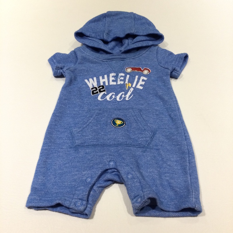 'Wheelie Cool' Racing Car Appliqued Blue Thick Jersey Romper with Hood - Boys 3-6 Months