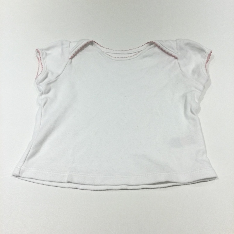 White T-Shirt with Pink Trim - Girls 6-9 Months