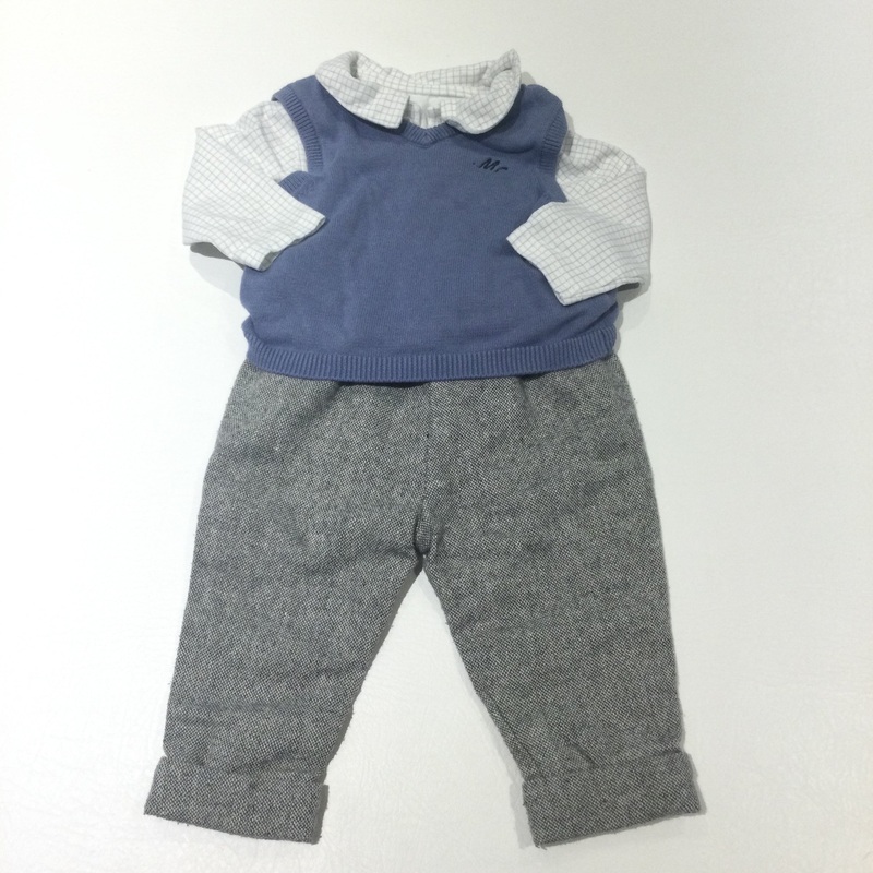 Grey Tweedy Trousers, Blue Knitted Tank Top & White & Grey Checked Long Sleeve Bodysuit Set - Boys 3-6 Months