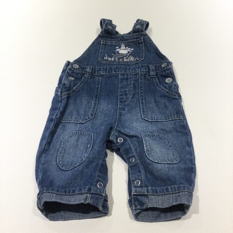 'Just Chillin' Skiing Penguin Appliqued Mid Blue Denim Dungarees - Boys 3-6 Months