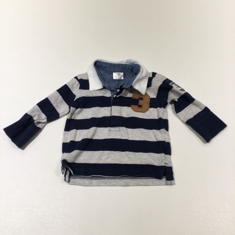 '3' Navy & Grey Striped Rugby Shirt Style Long Sleeve Top - Boys 0-3 Months