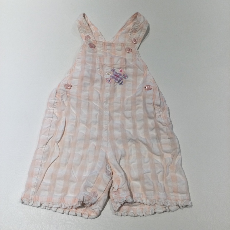 Flowers Embroidered Pale Pink & White Striped Lightweight Cotton Dungarees - Girls 3-6 Months