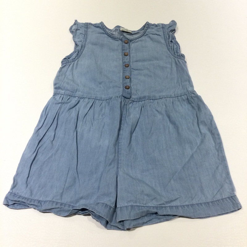 Pale Blue Denim Effect Cotton Playsuit - Girls 5-6 Years