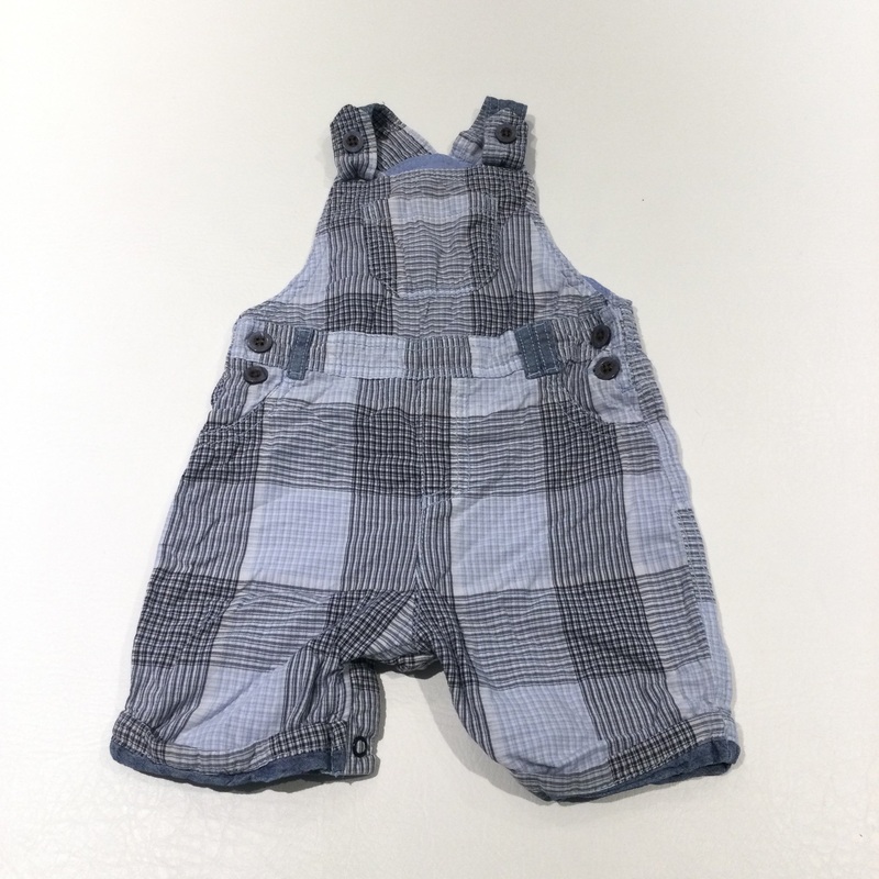 Blue, White & Navy Checked Lightweight Cotton Short Dungarees - Boys 9-12 Months