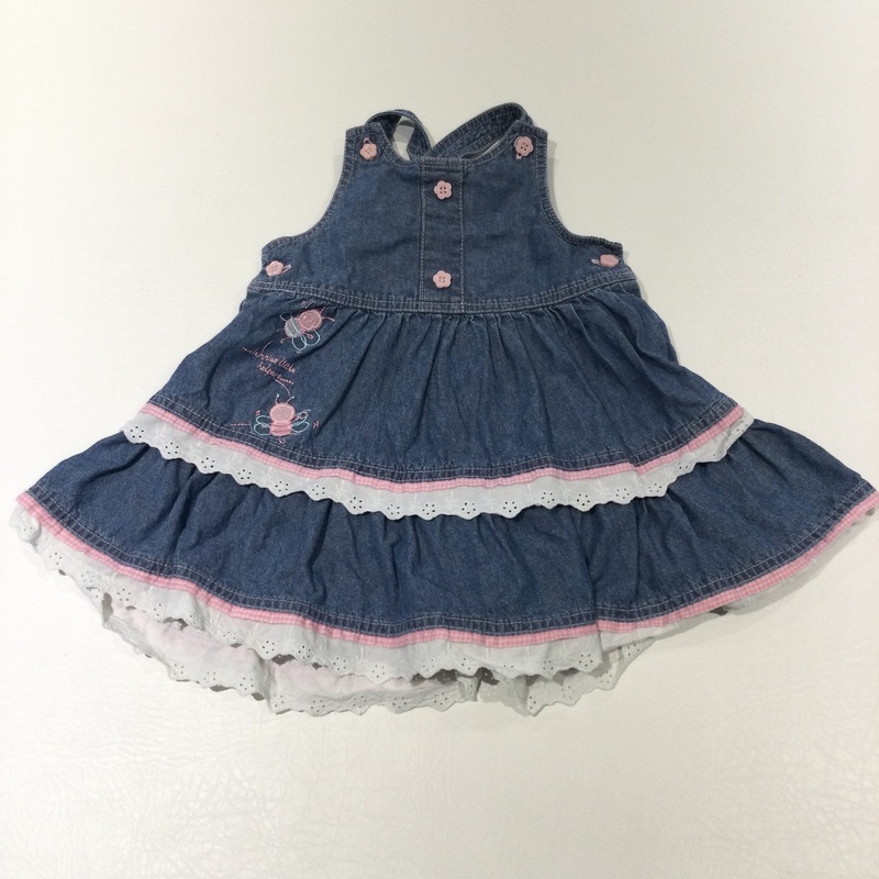 'Bunnies Little Helpers' Bees Embroidered Blue Denim Effect Cotton Dress - Girls 9-12 Months