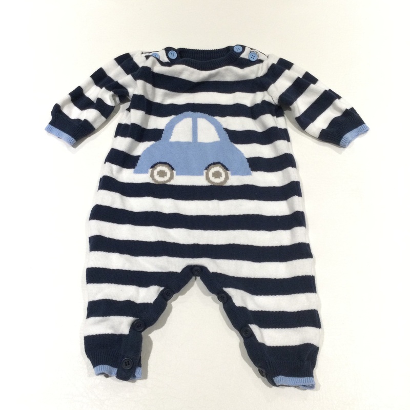 Car Navy, White & Blue Knitted Romper - Boys Newborn