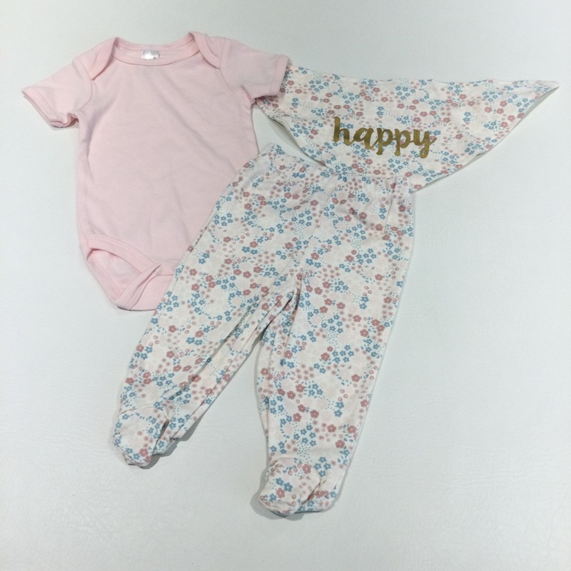 **NEW** ''Happy' Flowers Pink & Cream Short Sleeve Bodysuit, Jersey Trousers & Dribble Bib Set - Girls 3-6 Months