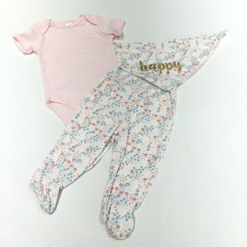 **NEW** ''Happy' Flowers Pink & Cream Short Sleeve Bodysuit, Jersey Trousers & Dribble Bib Set - Girls 6-9 Months