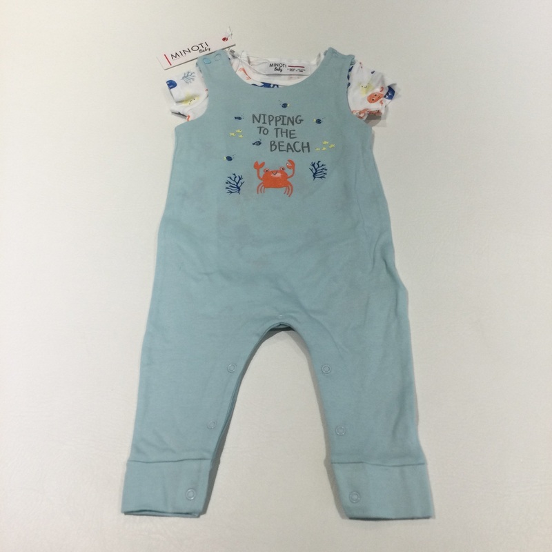**NEW** 'Nipping To The Beach' Crab Blue Jersey Dungarees & Sea Creatures White Short Sleeve Bodysuit Set - Boys 6-9 Months