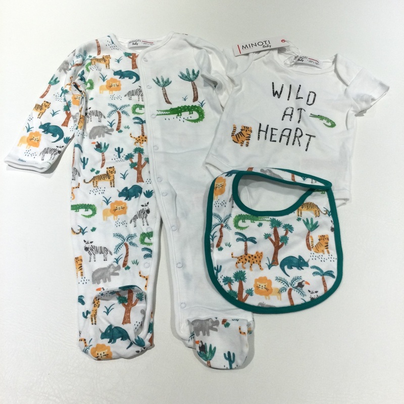 **NEW** 'Wild At Heart' Animals Colourful White Babygrow, Crocodiles White Short Sleeve Bodysuit & Bib Set - Boys 9-12 Months