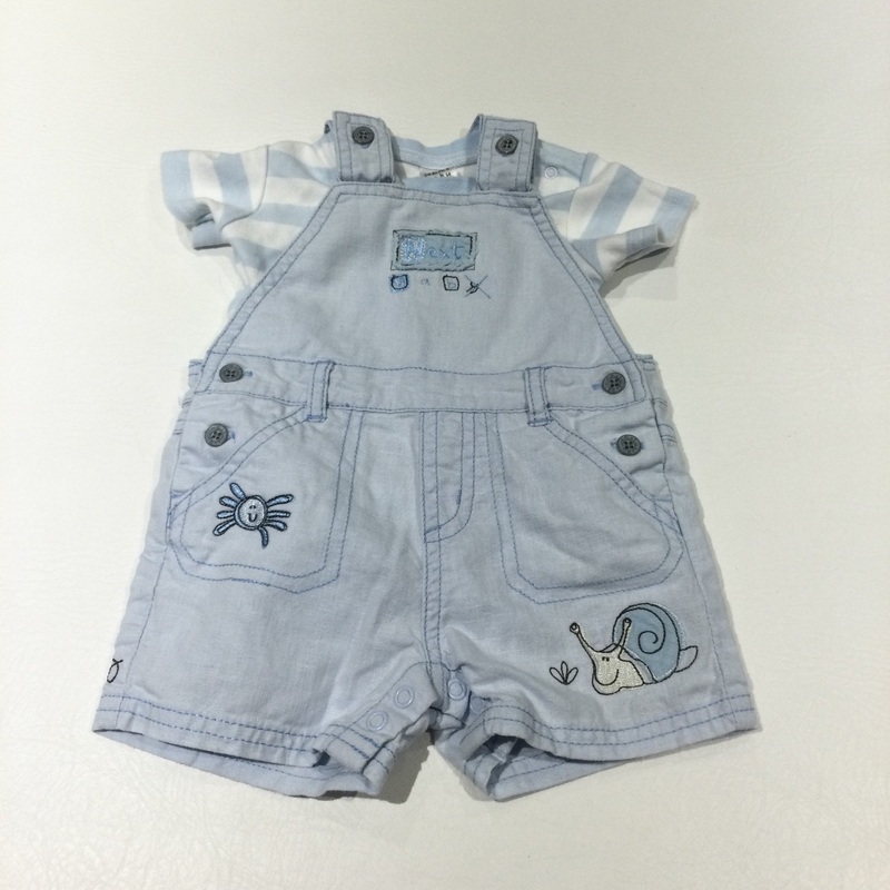 'Next' Spider & Snail Embroidered Pale Blue Cotton Short Dungarees & White & Blue Striped Short Sleeve Bodysuit Set - Boys Newborn