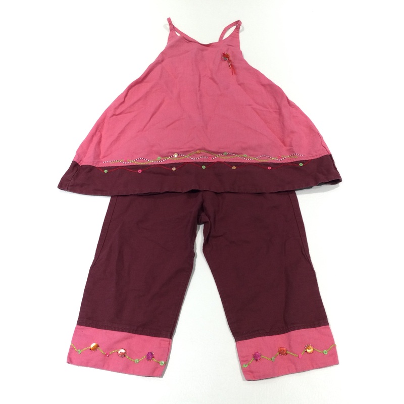 Sequin Embroidered Burgundy & Pink Sleeveless Cotton Tunic Top & Lightweight Cotton Trousers Set - Girls 2-3 Years