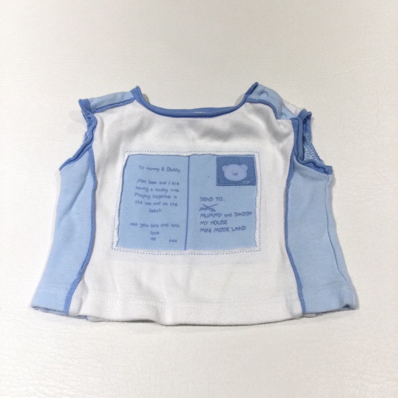 Teddy Bear Stamp Postcard Appliqued Blue & White Sleeveless T-Shirt - Boys Newborn